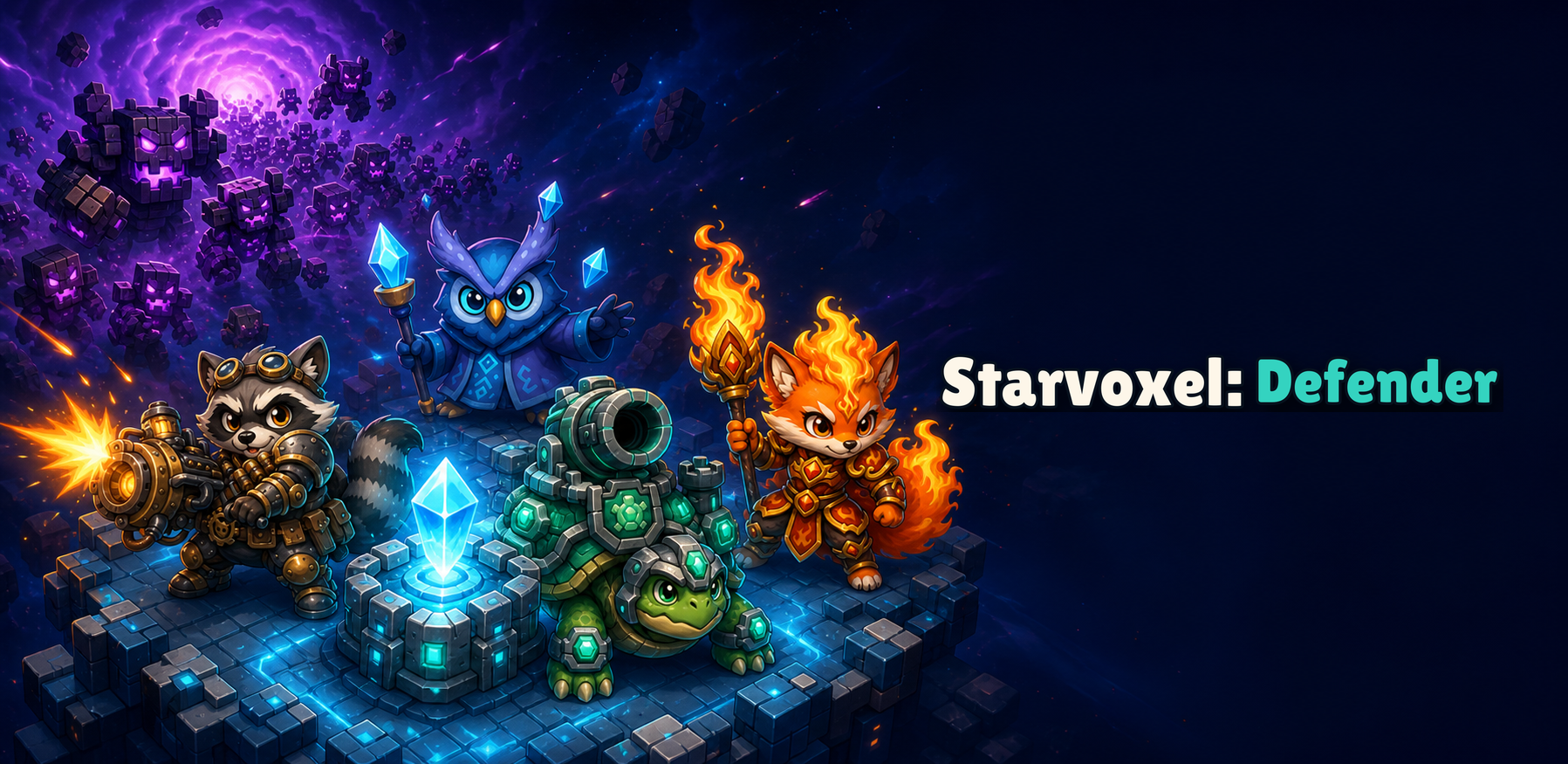 Starvoxel: Defender key art with the wordmark